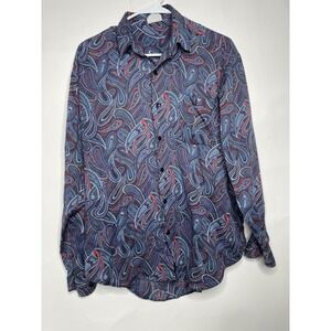 Vintage 70s  Geometric Dagger Collar Button Down Shirt Size Large Blue‎